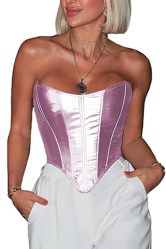 Photo 1 of ABMOIU Leather Corset Tops for Women Strapless Lace Up Boned Sweetheart Neck Bodyshaper Bustier Sexy Crop Top Pink Small