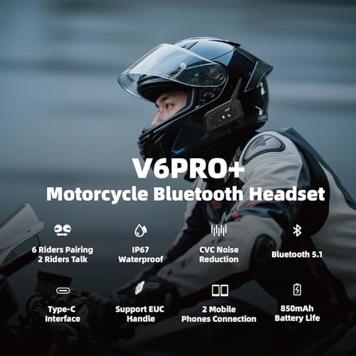 EJEAS V6 Pro + Casque de moto Bluetooth 5.1, version améliorée V6 Pro, équipé d'une interface de type C (lot de 2)
