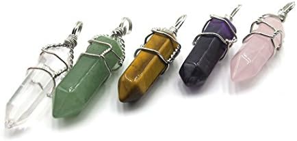 TENND Hexagonal Natural Quartz Column Handmade Wire Wrap Healing Point Chakra Pendant for Necklace,5PCS