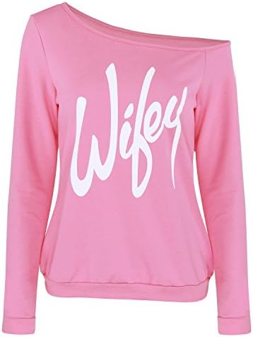 DBFACT Women's One Off Shoulder Letter Print Long Sleeve Casual T Shirt Summer Top Blouse (XXL, Pink)