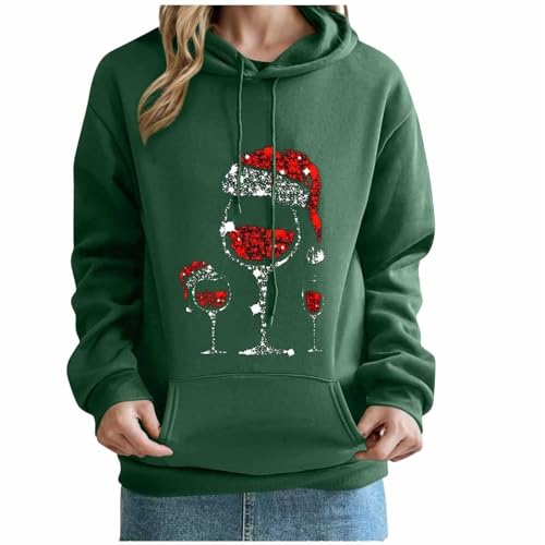 Christmas Hoodies For Women Glitter Wine Glass Print Jumper Crewneck Christmas Long Sleeve Pullover Graphic Tops Loose Warm Vintage Pullover Sweater Autumn Winter Sweatshirt With Pocket S