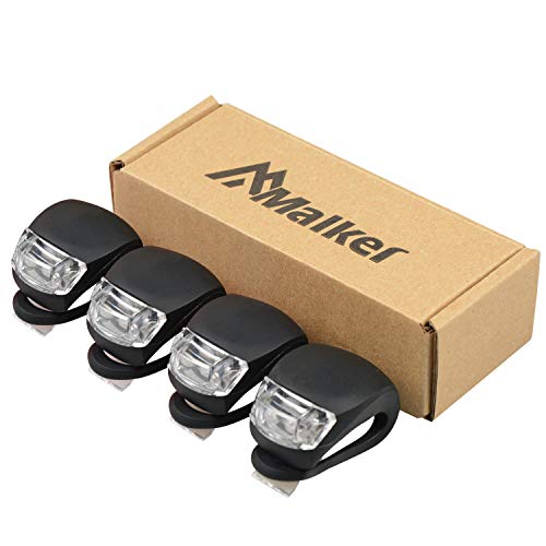 Malker Bicycle Light Front and Rear Silicone LED Bike Light Set - Bike Headlight and Taillight,Waterproof & Safety Road,Mountain Bike Lights,Batteries Included,4 Pack (4pcs Black)