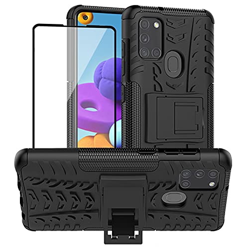 Yiakeng Samsung A21s Case, Samsung Galaxy A21s Case, and Screen Protector, Shockproof Silicone Protective with Kickstand for A21s Phone Case (Black)