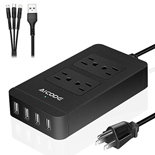 Multi Power Bar Surge Protector Power Strip with USB Charger, 4 AC Outlets and 4 USB Ports(2.4A Max),5V/4A, 2500W, 100-240V, 6ft Extension Long Cord with USB, Black for Home/Office/School/Traver, Suitable for Phones, Tablets, Laptops by AICODE
