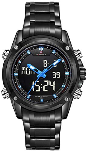 Readeel Sports Watches Men's Quartz Digital Dual-display Multi-function Stainless Steel Mens Watches Deep Blue