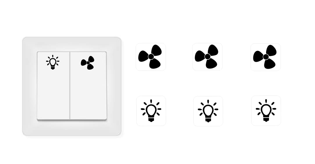Generic Switch Sticker Set 3 x Fan and 3 x Light Sticker Symbols (RP16/1) (10 mm) - Transparent, Animal Print, Crystal, Waterproof, Single Use, Outdoor, Car, Glass, Metal, Plastic (smooth surfaces)