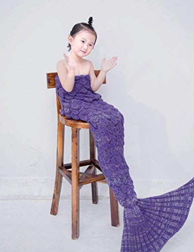 Fredhome Mermaid Tail Blanket with Scales, All Seasons Warm Soft Knitted Crochet Living Room Sofa Sleeping Bag Mermaid Blanket for Kids Gril (59" x 29.5", Fish Scale-Purple)