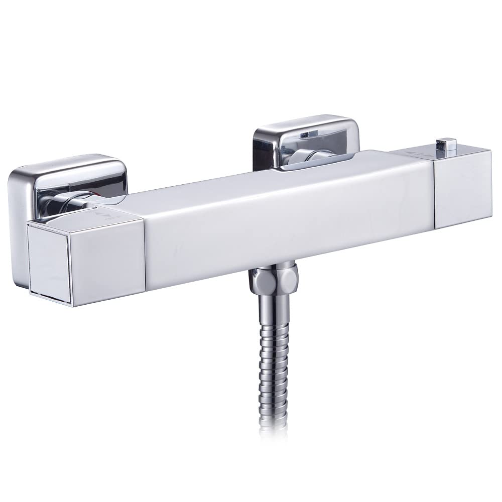 KINGBATH™ Square Thermostatic Exposed Shower Bar Valve Mixer Tap Faucet for Bathrooms Chromed Wall Mounted with G1/2" Bottom Outlet 38°C Safety Lock Anti Scald Solid Brass Modern Easy to Install