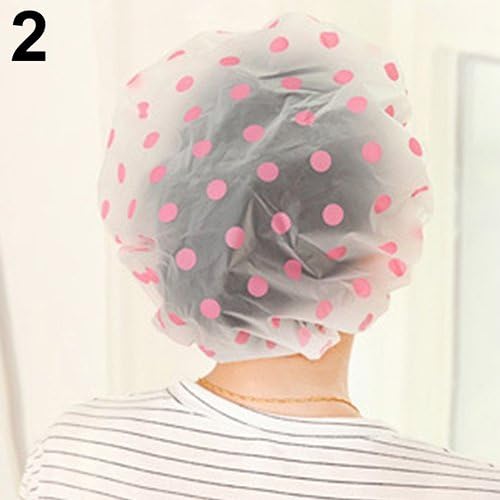 Mzwodmu Lovely Dots Thickened Waterproof Transparent Shower Cap Bathroom Bathing Hat Pink