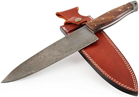 Knives Ranch Damascus Steel Knife 13.5 Fixed Blade Chef Knife with Indian Rosewood Handle with Mosaic Pins &amp; Brass Liner