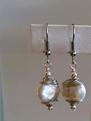 Pearl Earrings/21 Brass Wrap - Freshwater Coin Pearl, Hand Wrapped &amp; Finished with Shiny Silver Accents - Surgical Steel French Hooks