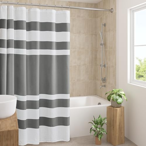 Madison Park Spa 3M Scotchgard Waffle Stripe Bathroom Shower Curtain with Moisture Management 3M Spa Quality Modern Standard 72 x 72 Charcoal