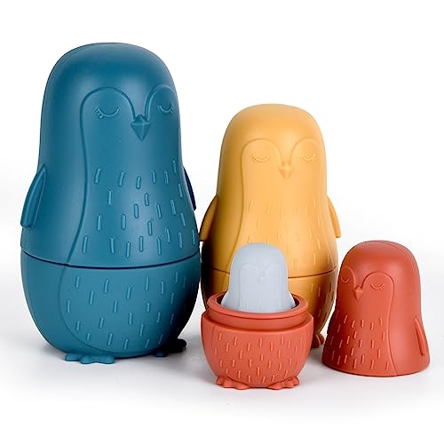 Tngan Russian Nesting Dolls, Stacking Silicone Matryoshka Doll, 4 Pcs Animal Russian Nesting Dolls Toy Easter Eggs for Kids Toddlers Birthday Gift or Home Decoration (Deep Blue Penguin)