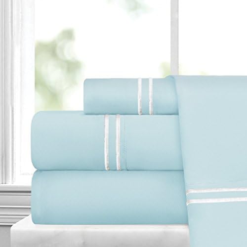 Egyptian Luxury Embroidered Bed Sheet Set – Ultra Soft Premium 1500 Series w/Beautiful Stripe Embroidery – Wrinkle & Fade Resistant, Hypoallergenic 4 Piece Set - King - Aqua/White