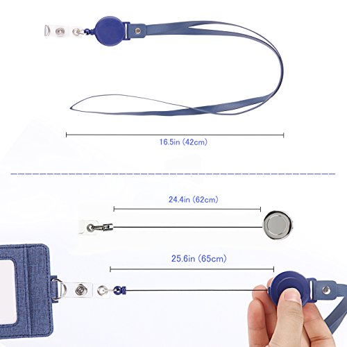 ID Badge Holders with 1 ID Window and 2 Card Slot with Detachable Reel Type Neck Lanyards & Reel Clip 2-Sided Vertical PU Leather Employee Certificate Pass Case Name Holder(Blue) - Thumbnail 4