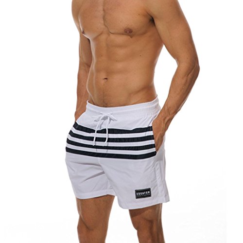 DEATU Swimwear Sports Men's Comfy Quick Dry Stripe Beach Shorts Bermudas Trunks Board Pants (M, White)
