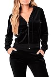 Linsery Women's Winter Velour Zipper Hooded Jacket Jogger Pants 2 Piece Sweatsuit
