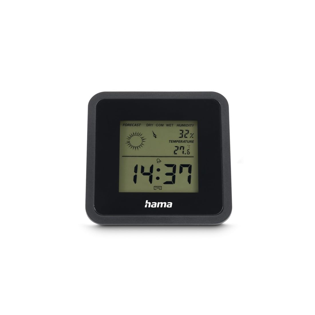 Hama Indoor Thermometer Hygrometer "Borneo" (Digital, Temperature, Humidity and Weather Display, Alarm and Snooze Function, Room Climate Monitor, Freestanding) Black