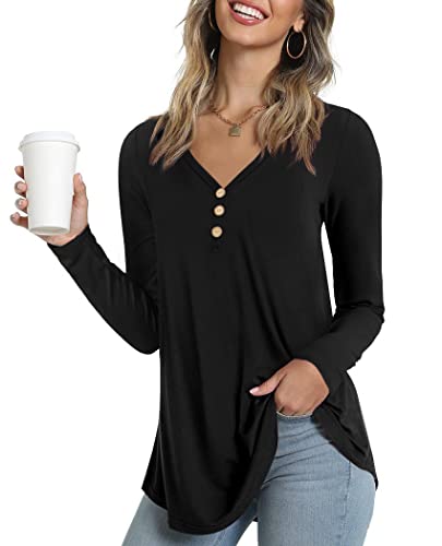 Ninee Camiseta de manga larga para mujer, cuello en V, túnica, con botones sueltos, 01 negro, L