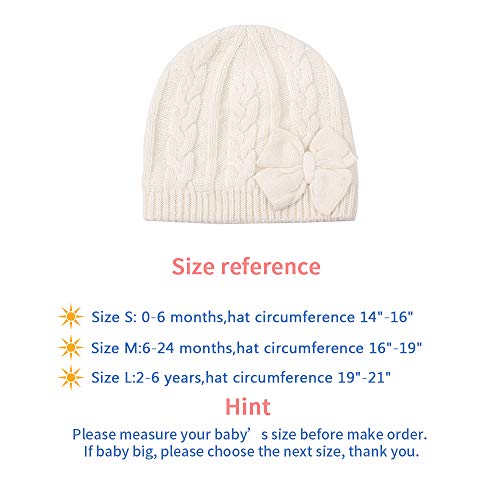 Winter Warm Knitted Baby Hat for Girls Cotton Lined Infant Toddler Girls Hat Autumn Cute Bow Classic Girls Beanie 0-6Y(S,White) - Thumbnail 6