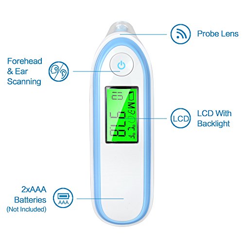 Elera Digital No Touch Infrared Forehead and Ear Thermometer Monitor With Probe Clinical Thermometer Gun for Fever for Infant Baby Kid Adult (Blue)