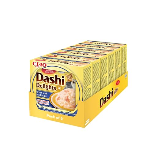 Dashi Delights - Trozos en un caldo de copos de bonito con pollo y atún - Topping - Alto contenido en proteínas - Ingredientes naturales - Delicioso y saludable - Comida para gatos - 6 x 70g