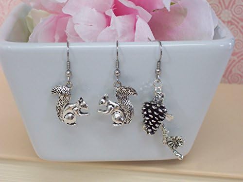 Antique Silver Squirrel Pine Cone Dogwood Branch Earrings Mismatched Asymmetrical Triple Set