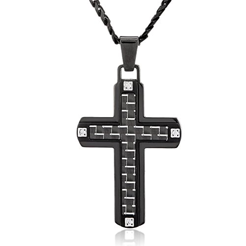 Crucible Black Plated Stainless Steel Carbon Fiber with Cubic Zirconia Cross Pendant