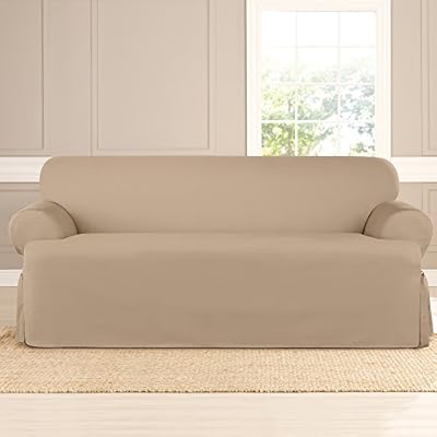 Sure Fit Heavyweight Cotton Duck One Piece T-Cushion Sofa Slipcover - Khaki (SF41868)