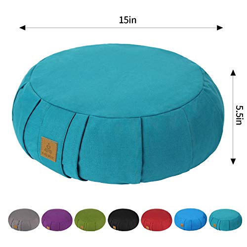 FelizMax Round Zafu Meditation Cushion, Zabuton Meditation Pillow, Yoga Bolster/Pillow, Floor seat, Zippered Organic Cotton Cover, Natural Buckwheat, Kneeling Pillow – 5 Colors and Large (Cyan Blue)