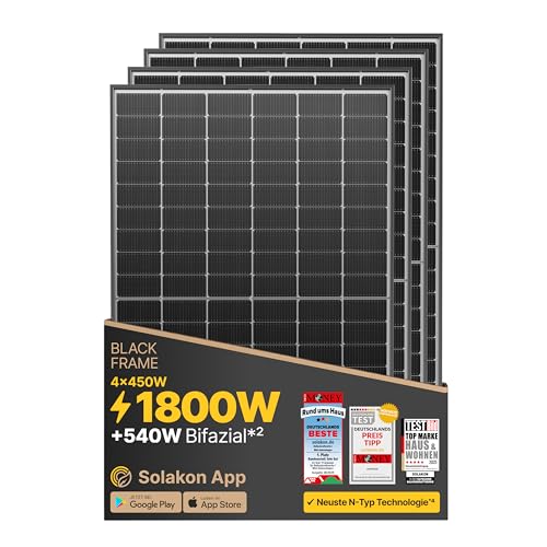 Solakon Solarpanel 450W, Bifazial Glas-Glas N-Type Solarmodul, 40v Monokristalline Solarmodule/Solar Module für Balkonkraftwerk/Solaranlage, 450w Sola