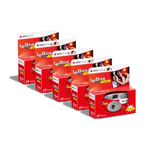 AGFA Photo 601020 LeBox Flash, Einwegkamera, 27 Fotos, optisches Objektiv 31 mm, Grau und Rot, 5er
