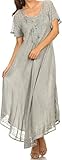 Sakkas 16603 - Egan Long Embroidered Caftan Dress/Cover Up With Embroidered Cap Sleeves - LightGrey - OS