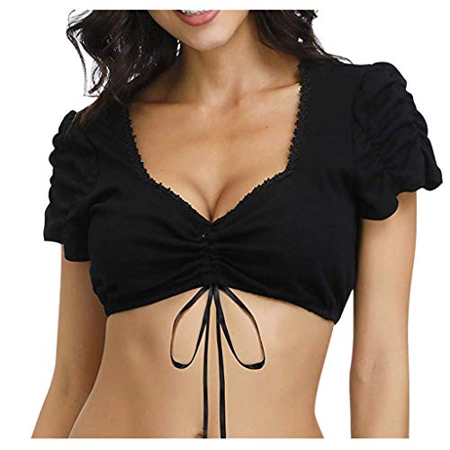 Mayunn Women's Elegant Sexy Short Sleeve Lace T Shirt Dirndl Blouse Crop Tops Sweatshirt Pullover for Oktoberfest (S-3XL) (BlackB, XL)