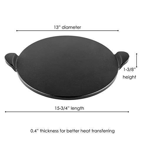 waykea 13” Ceramic Glazed Pizza Stone for Oven Grill or BBQ | Premium Bread Baking Stone Cordierite Pizza Grilling Stone, Black, Round with Handles