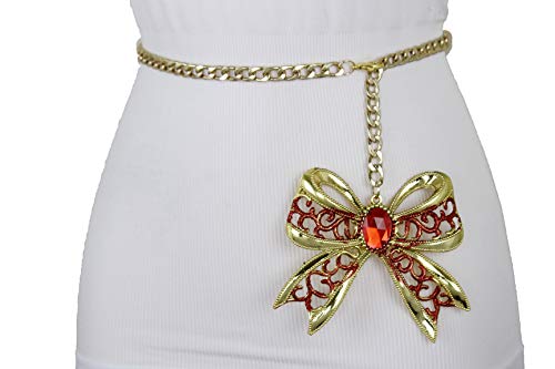 TFJ Women Fashion Belt High Waist Hip Gold Metal Chain Red Bow Tie Charm Plus XL XXL