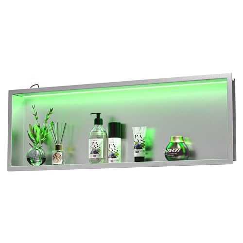 Bernkot Wall Mounted Shower Stainless Steel RGB LED Wall Mounted Niche with Remote Control 90cm x 30cm Silver