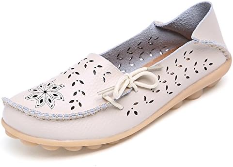 Lucksender Womens Hollow Out Carving Casual Leather Driving Flat Loafers Shoes 6.5B(M)US Beige