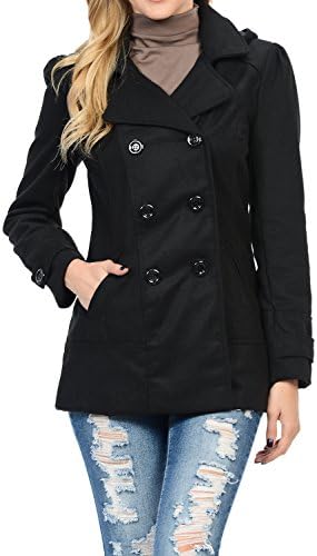 Womens Double Breasted Wool Blend Hooded Pea Coat Black S