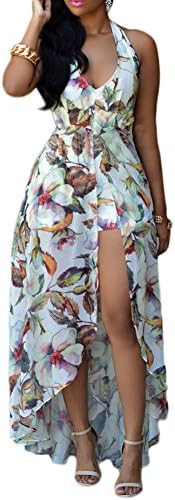 Womens Halter Floral Chiffon Maxi Dress Overlay Rompers Jumpsuit Playsuit (2XL, White)