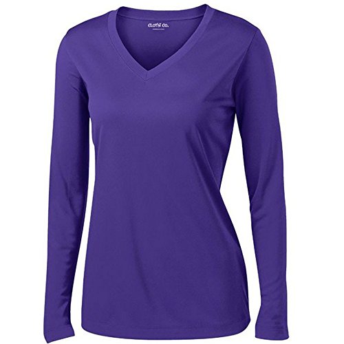 Clothe Co. Ladies Long Sleeve V Neck Moisture Wicking Athletic Shirt, Purple, XL