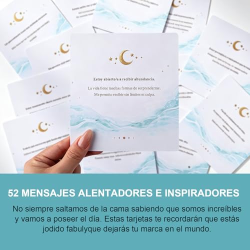 Cartas de Afirmación Positiva y Mindfulness, 52 Tarjetas con Expositor de Madera, Frases de Gratitud y Calma para el Estrés, Ritual Diario de Autocuidado, Regalo para Mujer y Hombre (Azul turquesa)