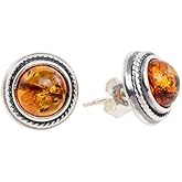 Genuine Baltic Honey Amber Stud Earrings for Women – 925 Sterling Silver Round Cabochon Post Earrings, Natural Amber Jewelry with Certificate