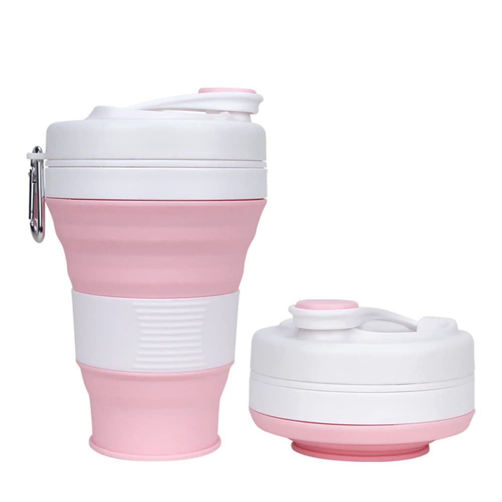 UNNESTAR Collapsible Camping Cup with Straw Silicone Folding Coffee Cup Sport Bottle Portable Travel Outdoor Car 16oz 20oz (Pink-600ml)