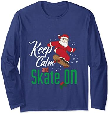 Unisex Santa Keep Calm and Skate On Skateboarding Long Sleeve Shirt 2XL Navy