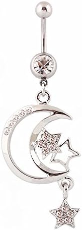 WOWOHE 14g Crystal Gems Moon and Star Dangle Belly Button Navel Ring Body Piercing Jewelry