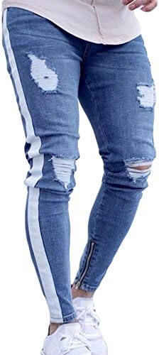 Musuos Men's Ripped Skinny Distressed Destroyed Straight Fit Side Striped Zipper Jeans with Holes