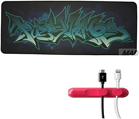 Professional Graffiti Large Mouse Pat Pack of Mouse Cord Holder, Computer Game Mouse Mat (30.71''W x 11.81H x 0.5TH) Wide Mousepad, Non-Slip Rubber Oblong MousePad, with Red Cable Clips (Blue)