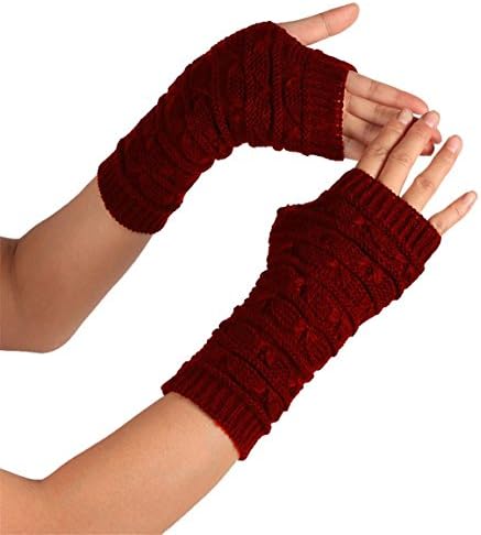 HN Fashion Knitted Arm Fingerless Winter Gloves Unisex Soft Warm Mitten (Wine Red)
