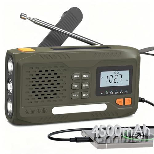 Survival Radio, Battery Operated Portable Solar Radio with 4500mAh Rechargeable Battery, AM/FM Crank, Screen, Emergency Kit with Lamp, SOS Alarm and Smart Phone Emergency Charging